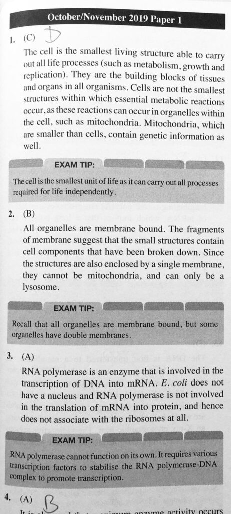A level biology tuition in Singapore TYS answers